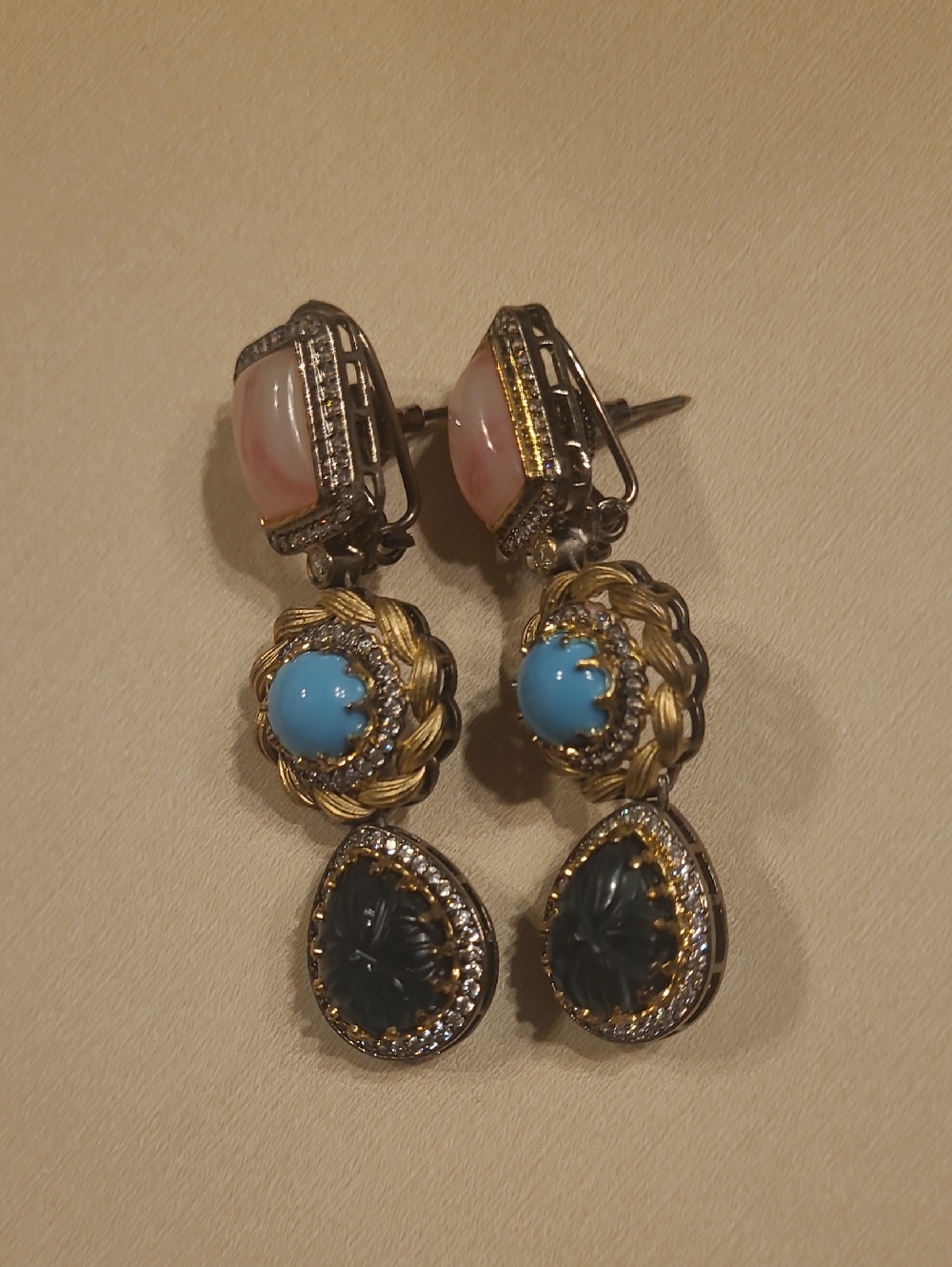 Vintage-Inspired Drop Earrings with Blue and Pink Gemstones